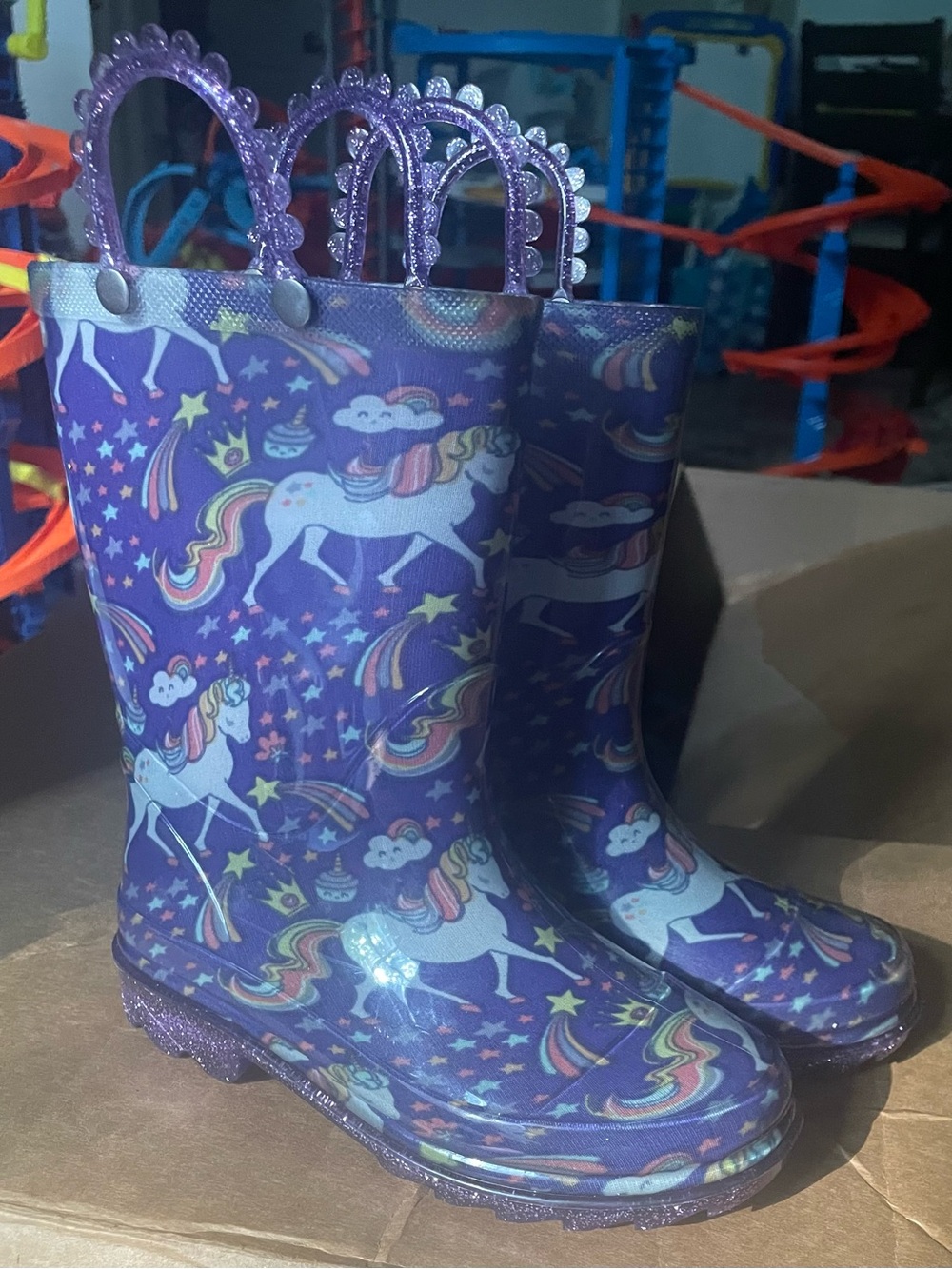 Kids Purple and Pink Unicorn Rain Boots with Glitter Handles 2 pairs